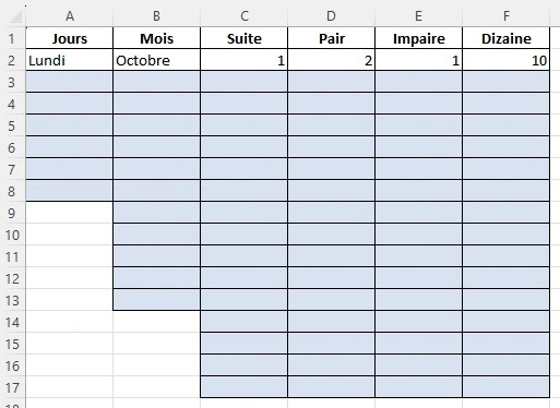 Capture écran de l'exercice 1 pour utiliser la poignée de recopie dans Excel ou Libre Office Calc