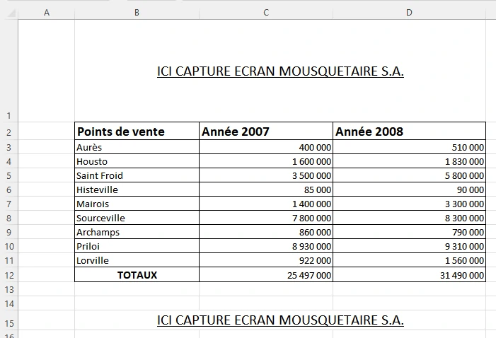 Exercice pour utiliser l'outil de capture ecran directement depuis excel