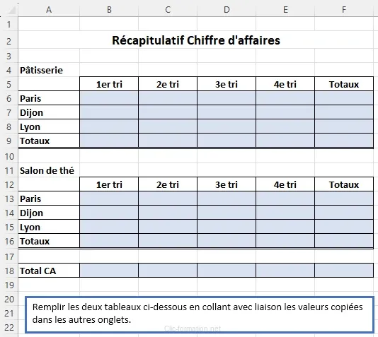 Capture écran concernant les calculs liés entre plusieurs feuilles sur excel ou libre office calc . Cas 2
