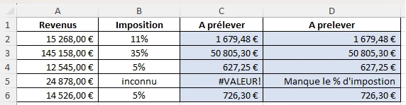 Résultat de l'exercice 1 concernant la mise en place de la fonction SIERREUR sous excel
