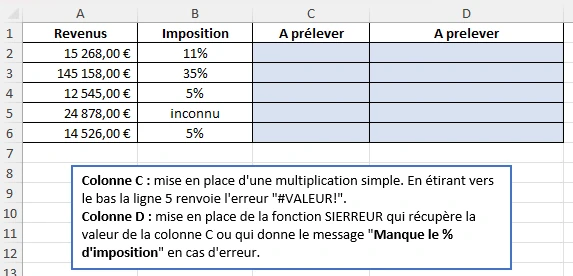 Enoncé de l'exercice 1 concernant la mise en place de la fonction SIERREUR sous excel