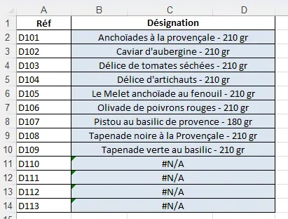 Solution de l'exercice 2 concernant la mise en place de la fonction SIERREUR et RECHERCHEV imbriquée (vue 1)
