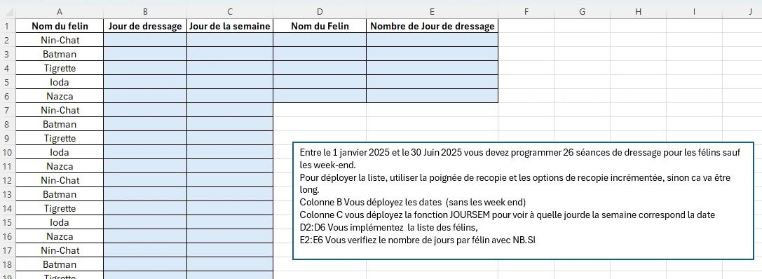 Exercice pour mettre en place la fonction JOURSEM dans Excel - Exercice 1