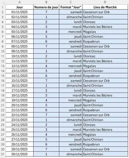solution Exercice fonction JOURSEM dans Excel - Exercice 2