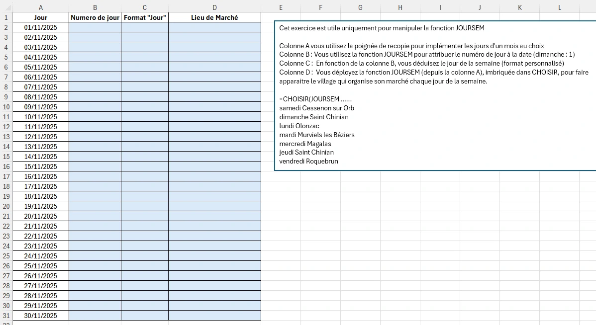 Exercice sur la fonction JOURSEM dans Excel - Exercice 2