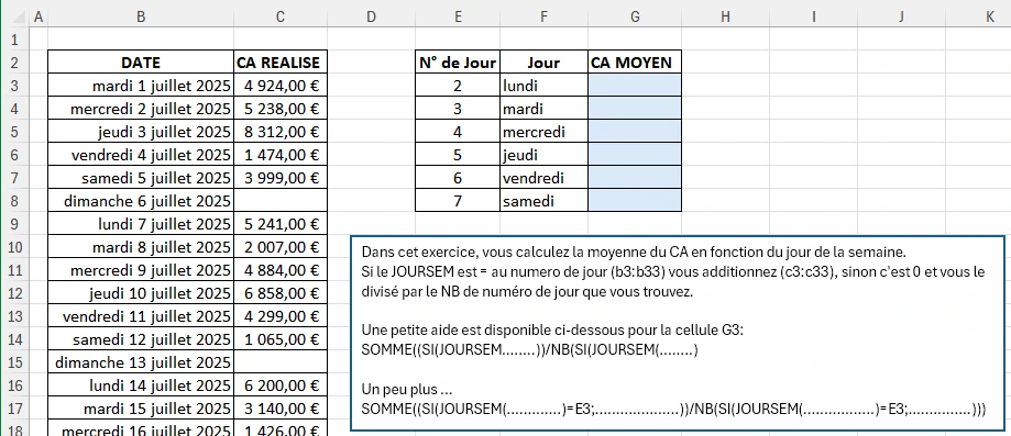 Exercice sur la fonction JOURSEM dans Excel - Exercice 3