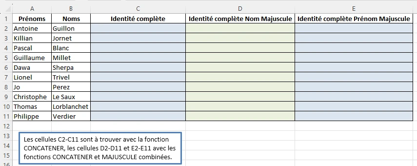 Capture écran de l'énoncé de l'exercice 2 : mise en place de la fonction MAJUSCULE et CONCAT dans Excel