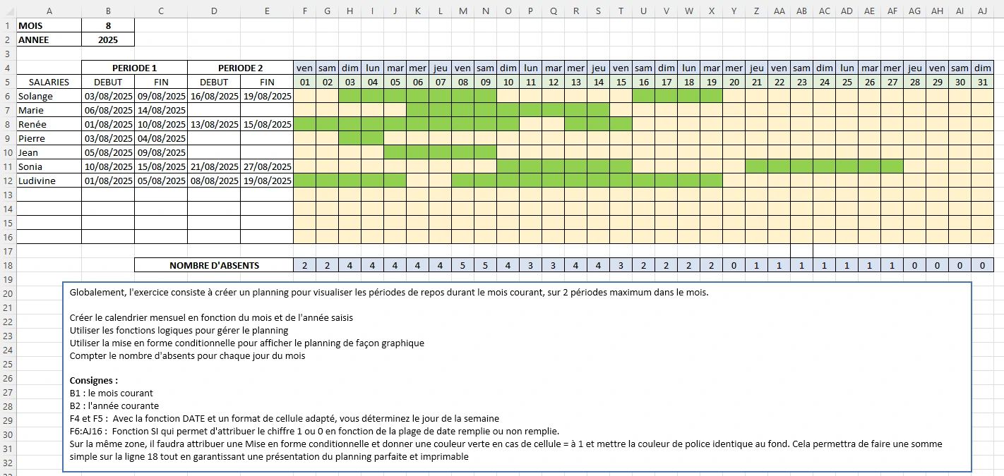 Exercice complet excel : création planning congés