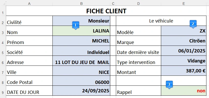Exercice complet excel : Gestion fiche clients garage