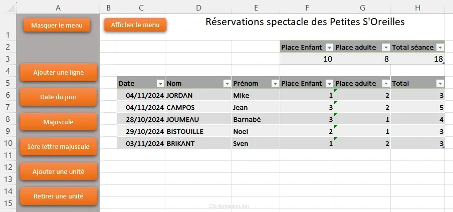 Exercice complet excel : création d'une feuille pour réserver un spectacle avec insertion de macro