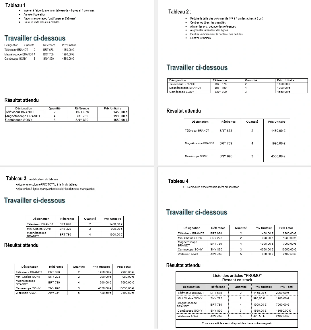 Capture écran du résultat attendu de l'exercice 12, cas "Tableau en vrac"